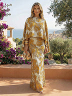 Cape Sleeve Jacquard Satin Ruched Mother of the Bride Dresses 2 Piece (SHI22500528)