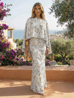 Cape Sleeve Jacquard Satin Ruched Mother of the Bride Dresses 2 Piece (SHI22500528)