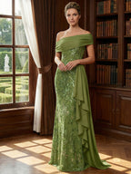 Off Shoulder Lace Appliques Sequins Mother of the Bride Dresses with Ruffles (SHI22500548)
