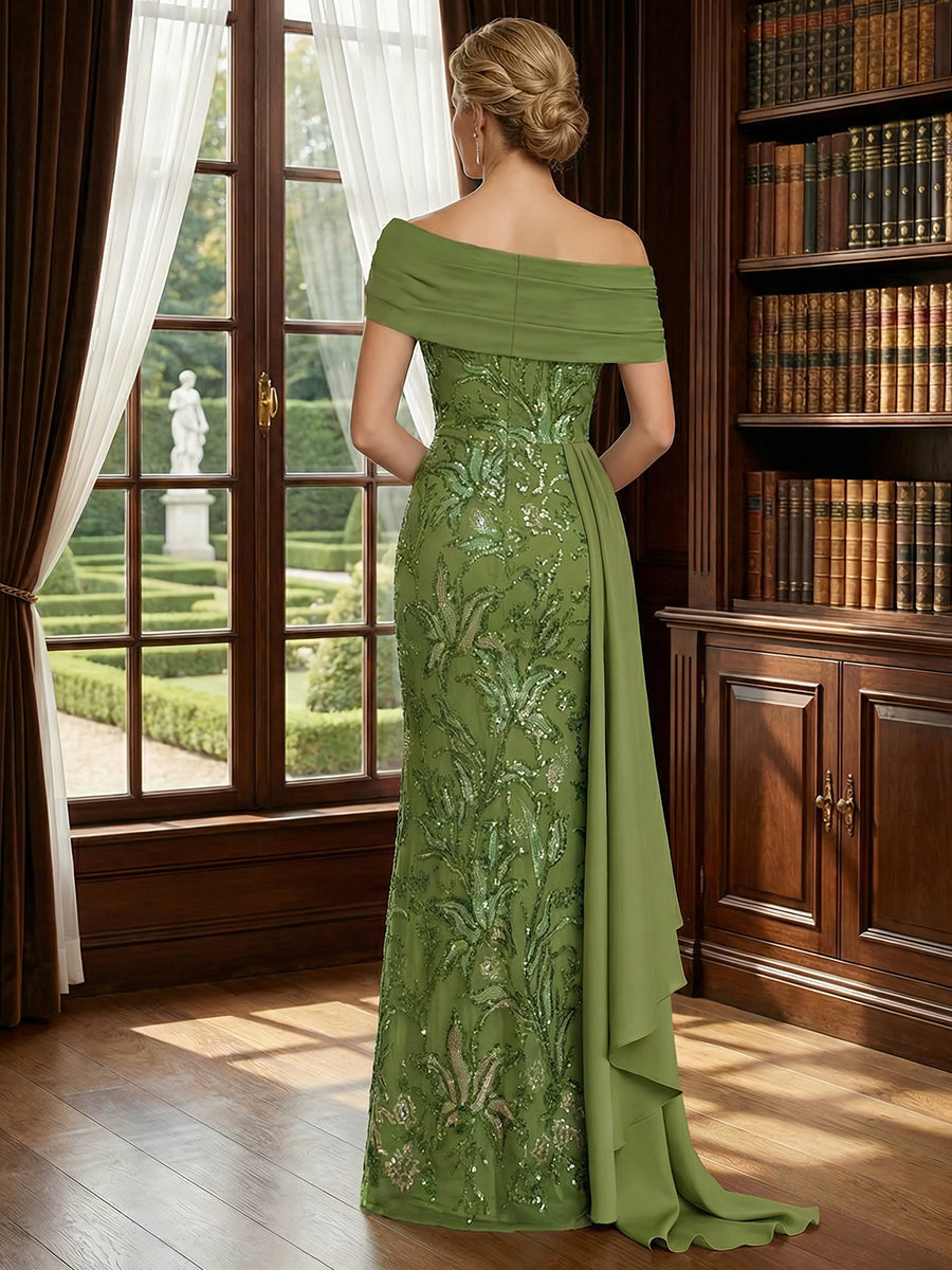 2-Piece A-Line Chiffon 3/4 Sleeves Mother of the Bride & Groom Dresses with Scalloped V-Neck Lace Bodice (SHI22500637)