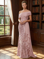 Off Shoulder Lace Appliques Sequins Mother of the Bride Dresses with Ruffles (SHI22500548)
