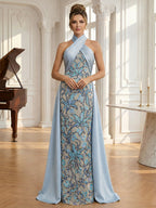 Sheath/Column Halter Scoop Neck Floor-Length Mother of the Bride Dresses with Lace Appliques (SHI22500106)