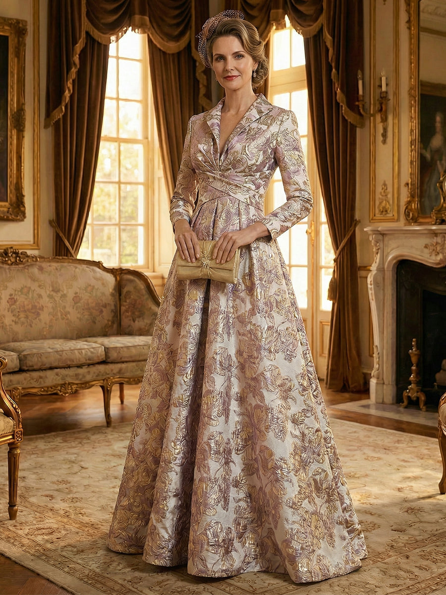 Long Sleeve Jacquard A Line Mother of the Bride Dresses Ruched (SHI22500554)