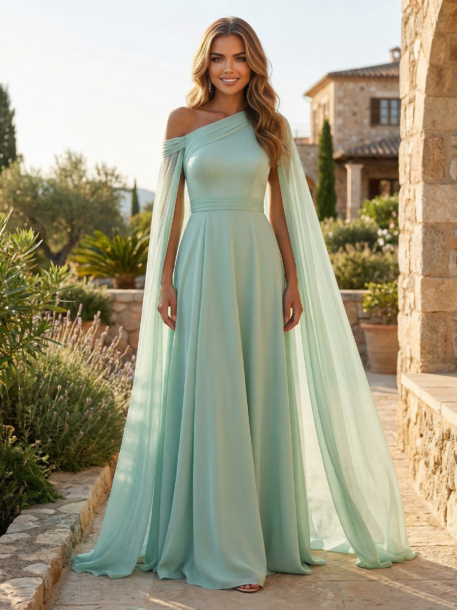 A-Line Chiffon Cape Sleeves Floor-Length Mother of the Bride & Groom Dresses with Floral Sequin Bodice (SHI22500691)