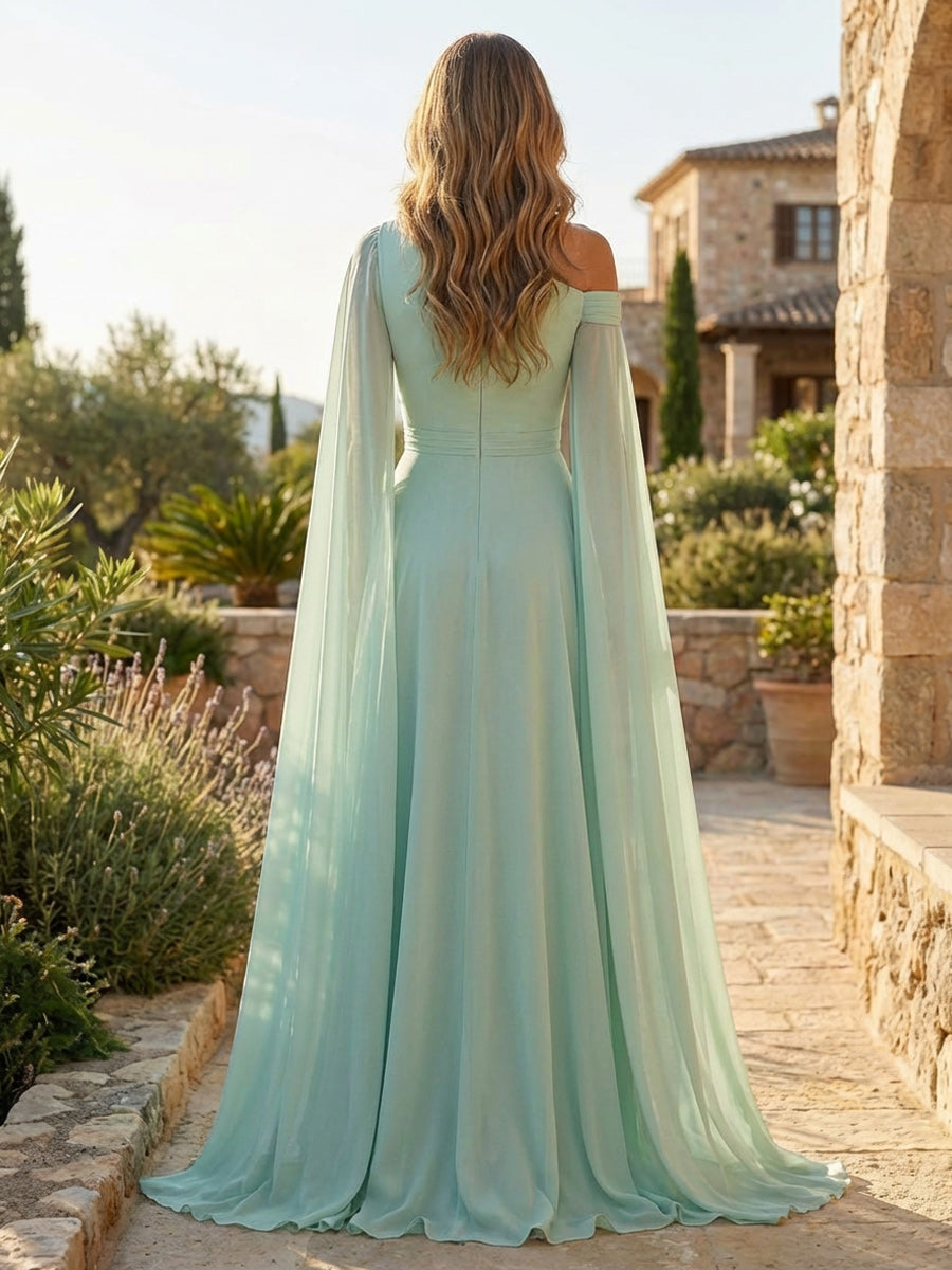 A-Line Chiffon Cape Sleeves Floor-Length Mother of the Bride & Groom Dresses with Floral Sequin Bodice (SHI22500691)
