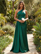 A-Line Satin One Shoulder Floor-Length Mother of the Bride & Groom Dresses with Sweep Train (SHI22500626)