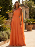 A-Line Chiffon One Shoulder Draped Cape Sleeves Floor-Length Mother of the Bride & Groom Dresses (SHI22500629)