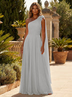 A-Line Chiffon One Shoulder Draped Cape Sleeves Floor-Length Mother of the Bride & Groom Dresses (SHI22500629)