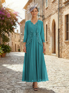 2-Piece A-Line Chiffon 3/4 Sleeves Mother of the Bride & Groom Dresses with Scalloped V-Neck Lace Bodice (SHI22500637)