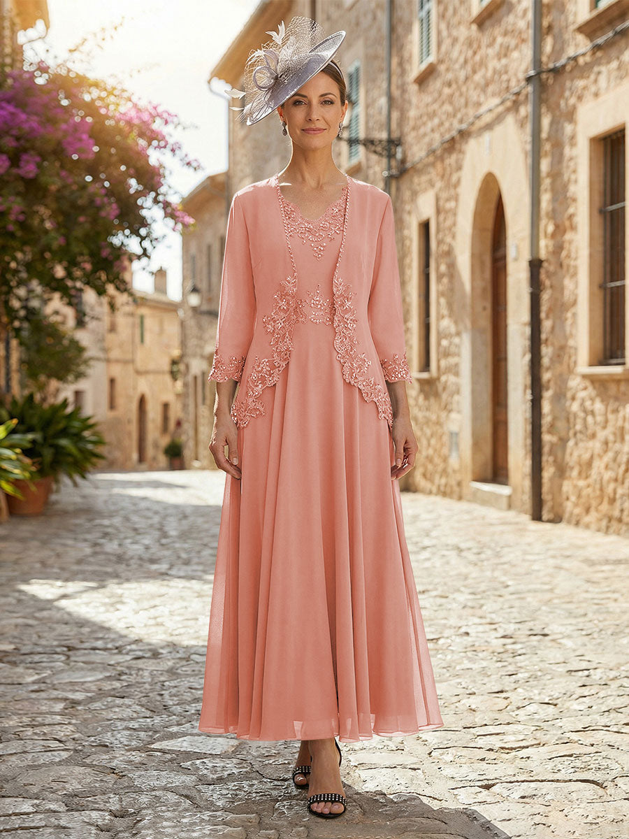 2-Piece A-Line Chiffon 3/4 Sleeves Mother of the Bride & Groom Dresses with Scalloped V-Neck Lace Bodice (SHI22500637)