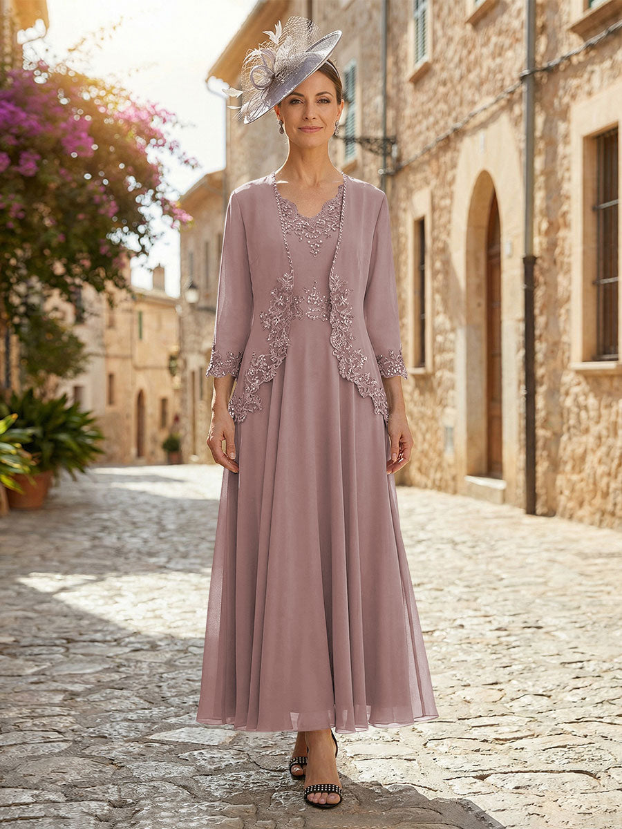 2-Piece A-Line Chiffon 3/4 Sleeves Mother of the Bride & Groom Dresses with Scalloped V-Neck Lace Bodice (SHI22500637)