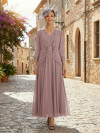 2-Piece A-Line Chiffon 3/4 Sleeves Mother of the Bride & Groom Dresses with Scalloped V-Neck Lace Bodice (SHI22500637)