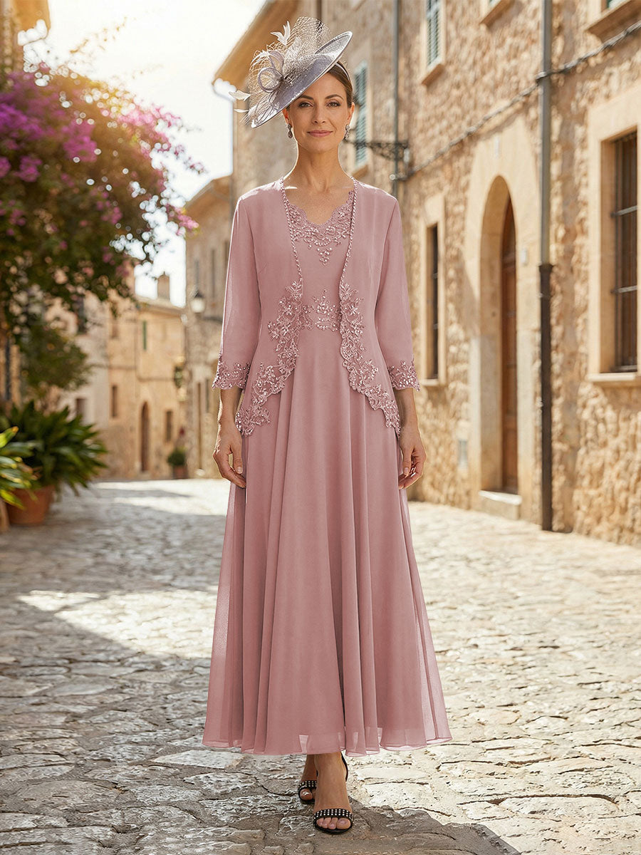 2-Piece A-Line Chiffon 3/4 Sleeves Mother of the Bride & Groom Dresses with Scalloped V-Neck Lace Bodice (SHI22500637)