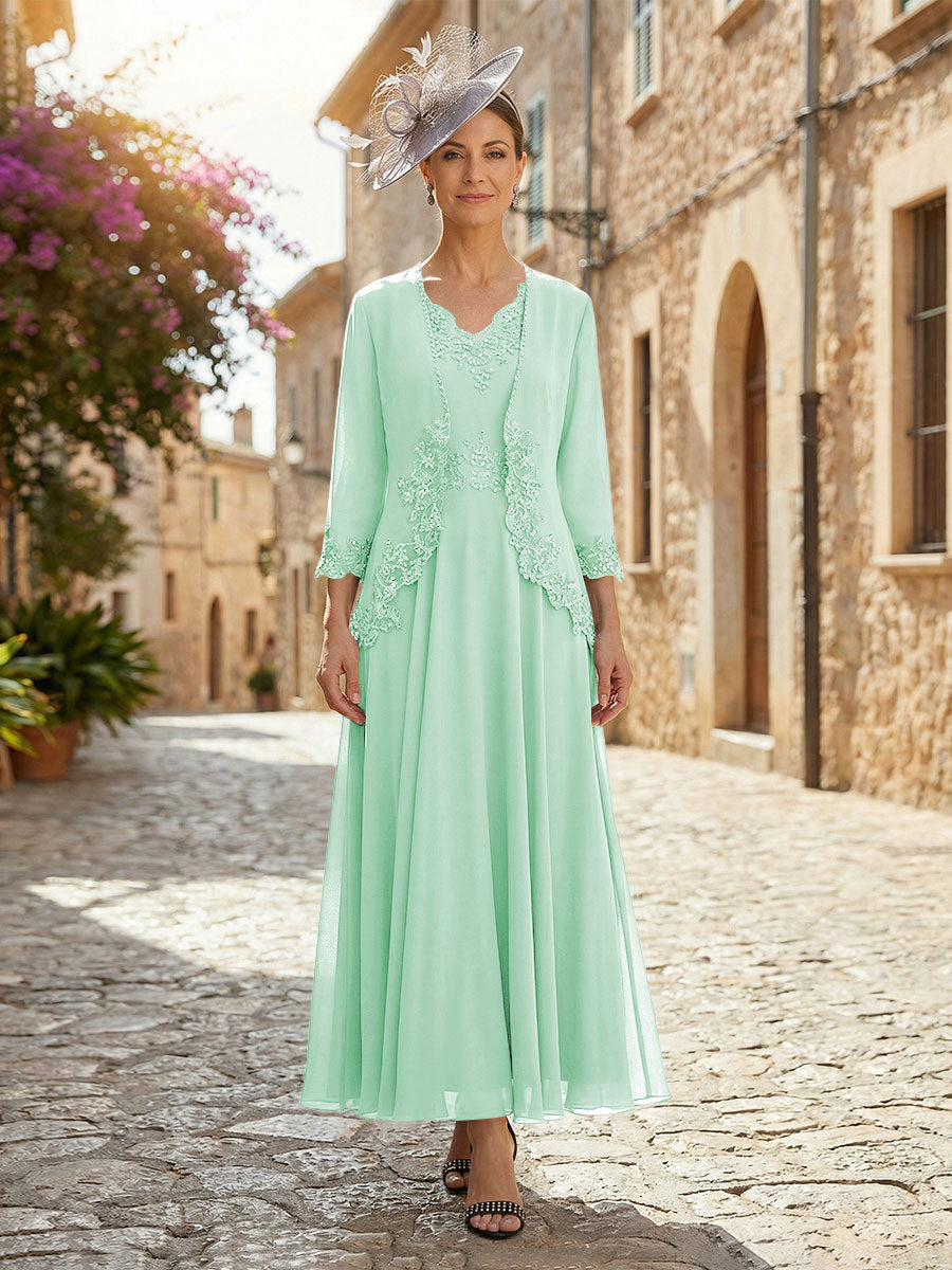 2-Piece A-Line Chiffon 3/4 Sleeves Mother of the Bride & Groom Dresses with Scalloped V-Neck Lace Bodice (SHI22500637)