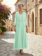 2-Piece A-Line Chiffon 3/4 Sleeves Mother of the Bride & Groom Dresses with Scalloped V-Neck Lace Bodice (SHI22500637)