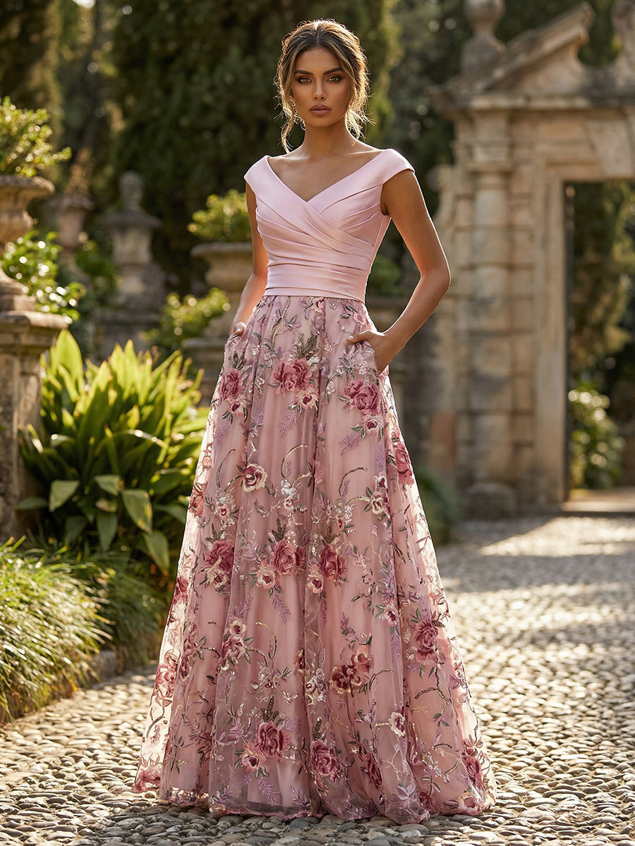 A-Line Floral Sequin Lace Floor-Length Mother of the Bride & Groom Dresses with Ruched Satin Bodice (SHI22500639)