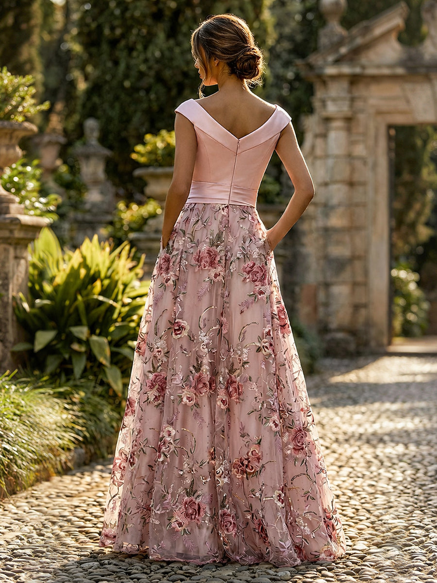 A-Line Floral Sequin Lace Floor-Length Mother of the Bride & Groom Dresses with Ruched Satin Bodice (SHI22500639)