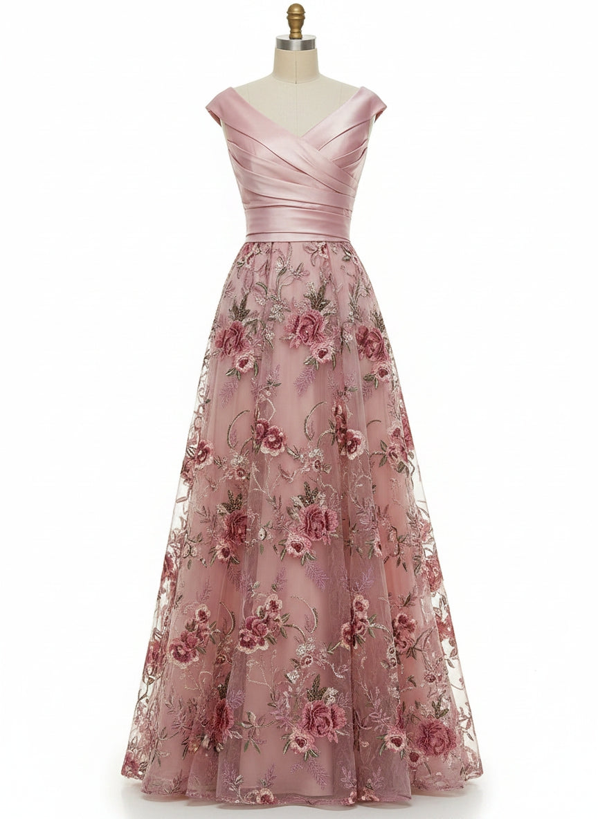 A-Line Floral Sequin Lace Floor-Length Mother of the Bride & Groom Dresses with Ruched Satin Bodice (SHI22500639)