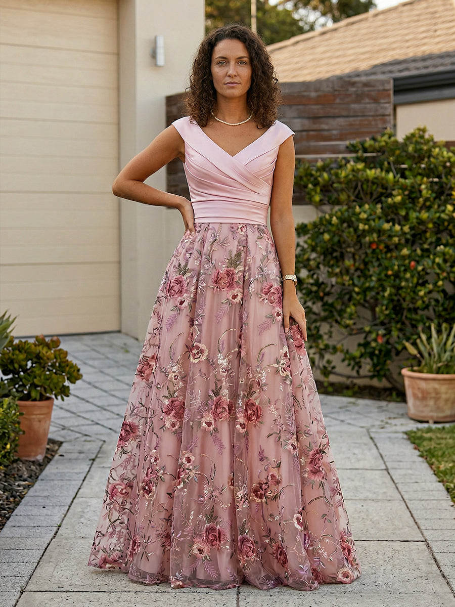 A-Line Floral Sequin Lace Floor-Length Mother of the Bride & Groom Dresses with Ruched Satin Bodice (SHI22500639)