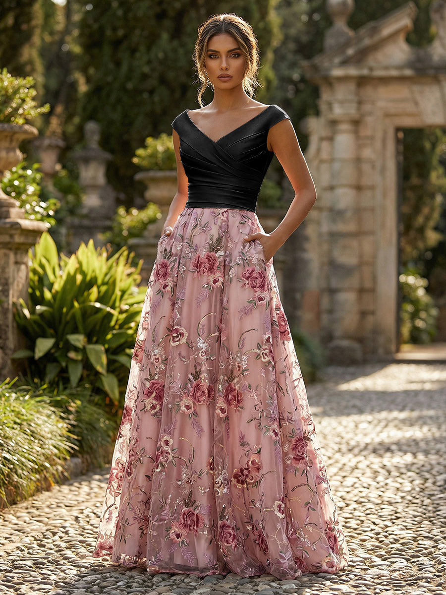 A-Line Floral Sequin Lace Floor-Length Mother of the Bride & Groom Dresses with Ruched Satin Bodice (SHI22500639)