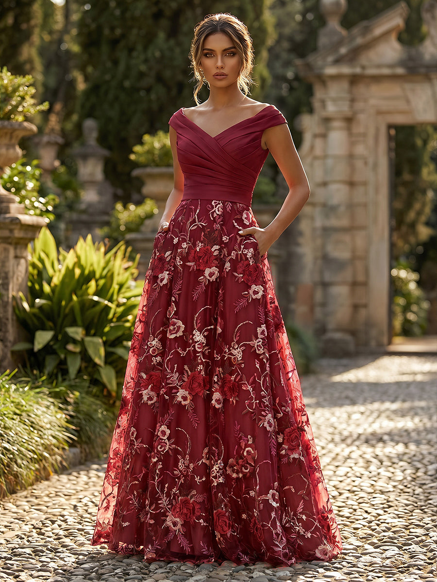 A-Line Floral Sequin Lace Floor-Length Mother of the Bride & Groom Dresses with Ruched Satin Bodice (SHI22500639)