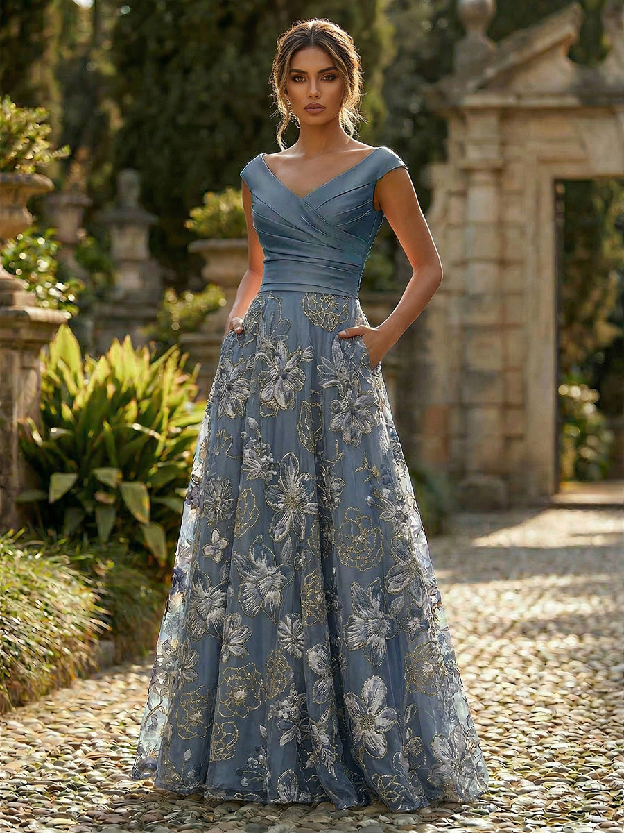 A-Line Floral Sequin Lace Floor-Length Mother of the Bride & Groom Dresses with Ruched Satin Bodice (SHI22500639)