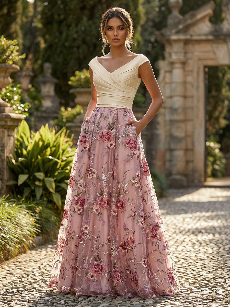 A-Line Floral Sequin Lace Floor-Length Mother of the Bride & Groom Dresses with Ruched Satin Bodice (SHI22500639)