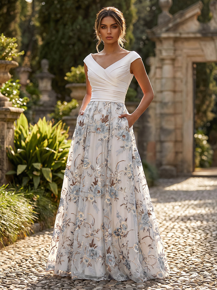 A-Line Floral Sequin Lace Floor-Length Mother of the Bride & Groom Dresses with Ruched Satin Bodice (SHI22500639)