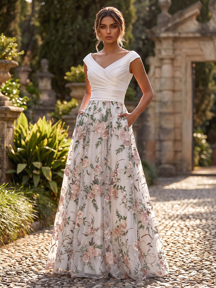 A-Line Floral Sequin Lace Floor-Length Mother of the Bride & Groom Dresses with Ruched Satin Bodice (SHI22500639)
