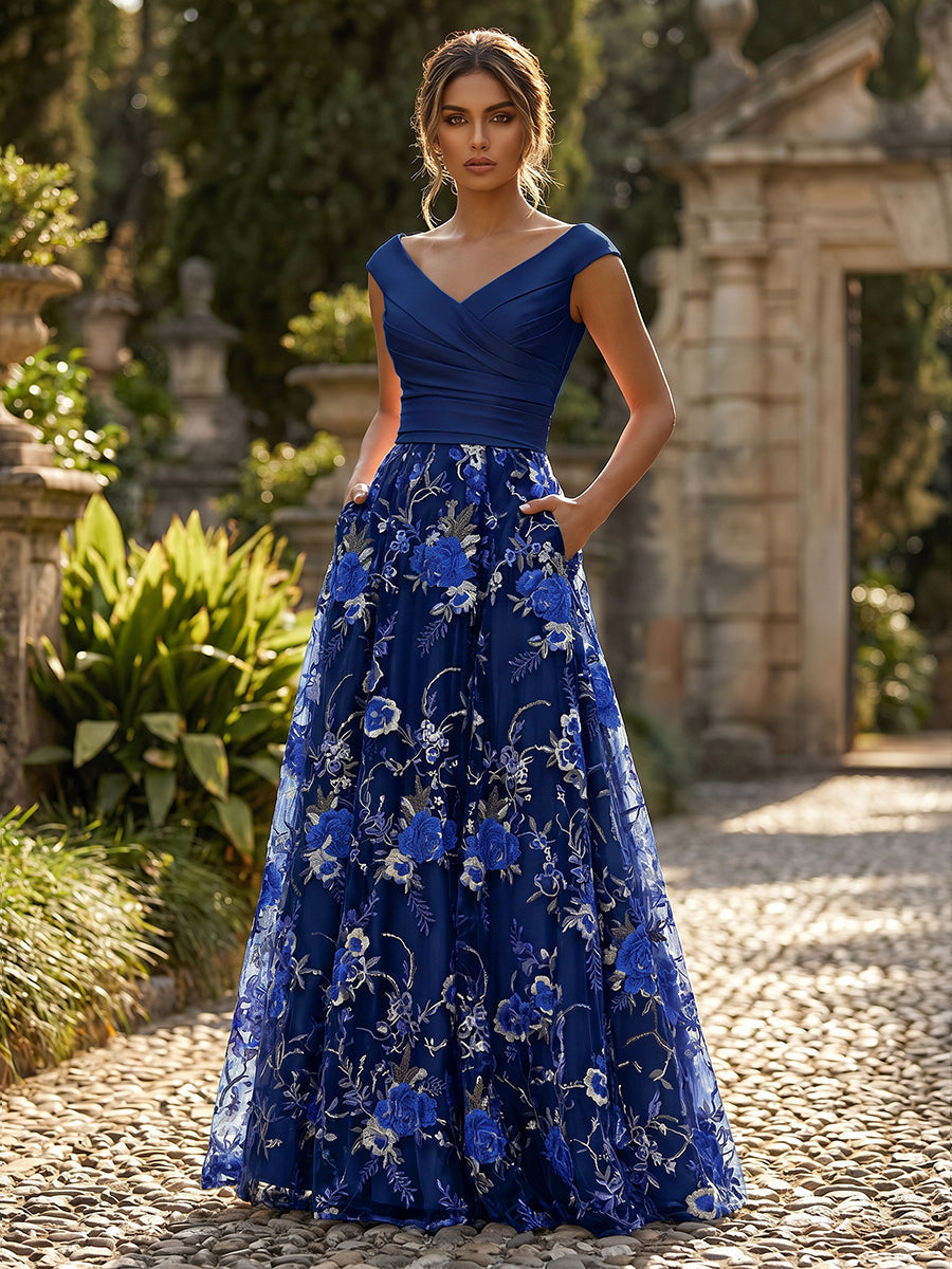 A-Line Floral Sequin Lace Floor-Length Mother of the Bride & Groom Dresses with Ruched Satin Bodice (SHI22500639)