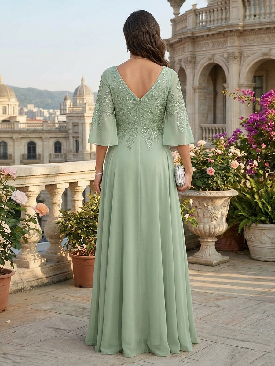 A-Line Chiffon 3/4 Flutter Sleeves Mother of the Bride & Groom Dresses with Beaded Lace Embroidered Bodice (SHI22500645)