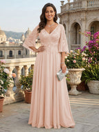 A-Line Chiffon 3/4 Flutter Sleeves Mother of the Bride & Groom Dresses with Beaded Lace Embroidered Bodice (SHI22500645)