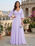 A-Line Chiffon 3/4 Flutter Sleeves Mother of the Bride & Groom Dresses with Beaded Lace Embroidered Bodice (SHI22500645)