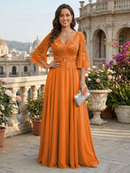 A-Line Chiffon 3/4 Flutter Sleeves Mother of the Bride & Groom Dresses with Beaded Lace Embroidered Bodice (SHI22500645)