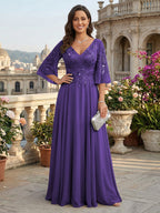 A-Line Chiffon 3/4 Flutter Sleeves Mother of the Bride & Groom Dresses with Beaded Lace Embroidered Bodice (SHI22500645)