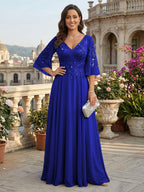 A-Line Chiffon 3/4 Flutter Sleeves Mother of the Bride & Groom Dresses with Beaded Lace Embroidered Bodice (SHI22500645)