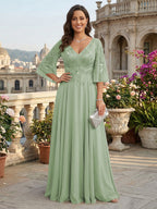 A-Line Chiffon 3/4 Flutter Sleeves Mother of the Bride & Groom Dresses with Beaded Lace Embroidered Bodice (SHI22500645)