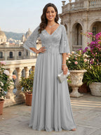 A-Line Chiffon 3/4 Flutter Sleeves Mother of the Bride & Groom Dresses with Beaded Lace Embroidered Bodice (SHI22500645)
