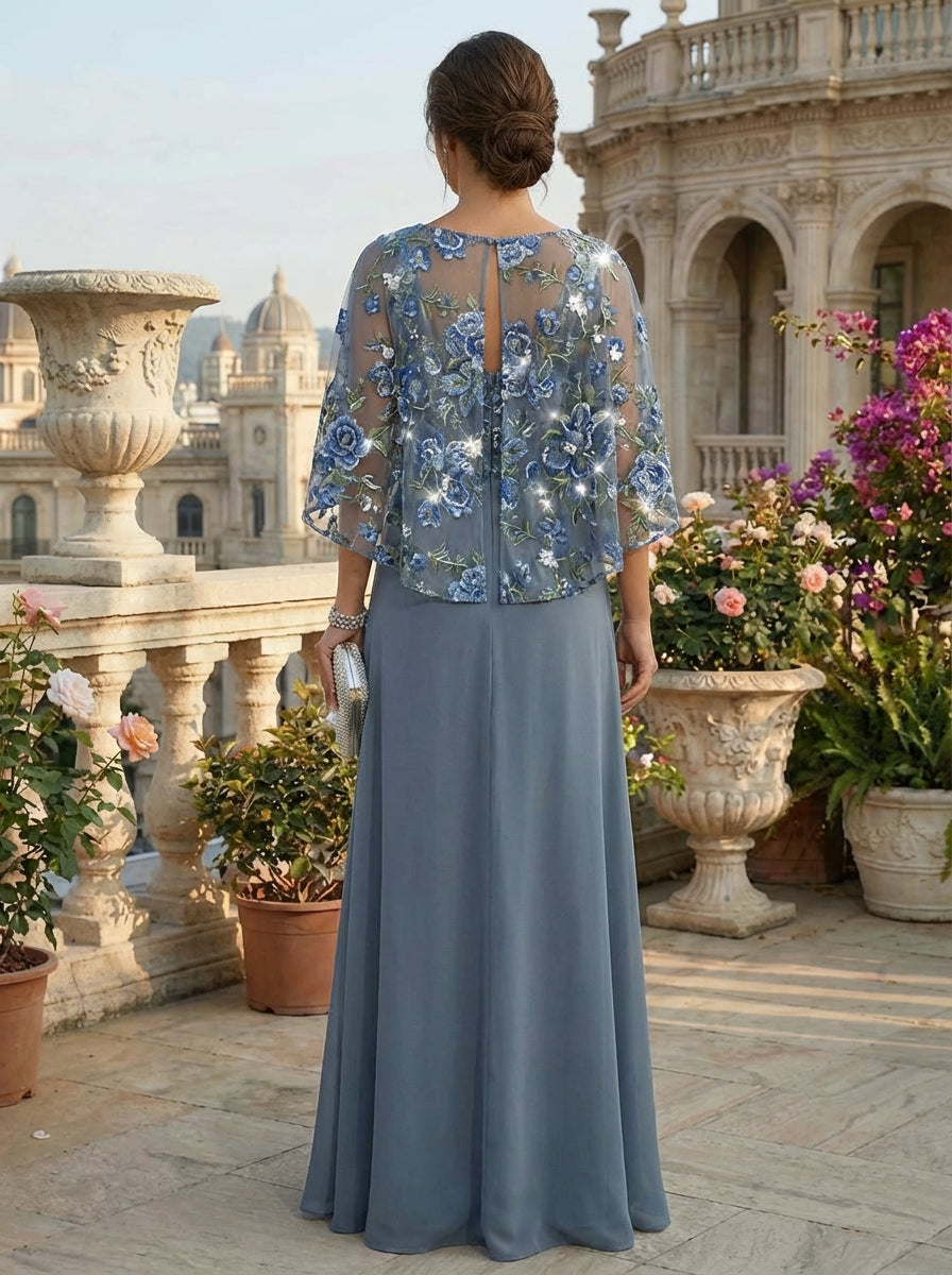 A-Line Chiffon 3/4 Cape Sleeve Mother of the Bride & Groom Dresses with Floral & Ruched Ruffled Waist (SHI22500649)