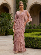 A-Line/Princess V-Neck Chiffon Floor-Length Mother of the Bride & Groom Dresses with Lace Appliques & Ruched Waist (SHI22501678)