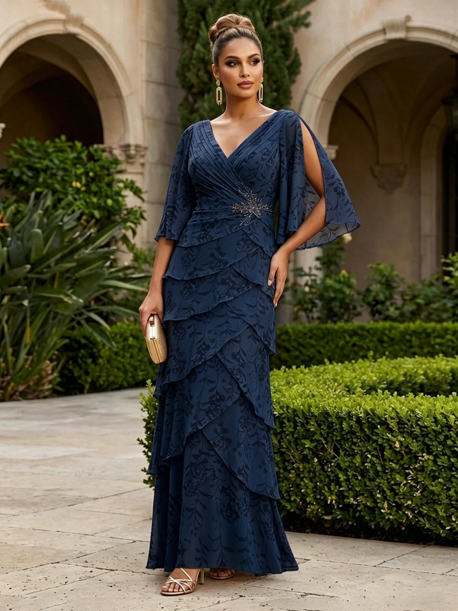 A-Line Chiffon Floral Print 3/4 Cape Sleeves Tiered Mother of the Bride & Groom Dresses with Beaded Waist Embellishment (SHI22500669)