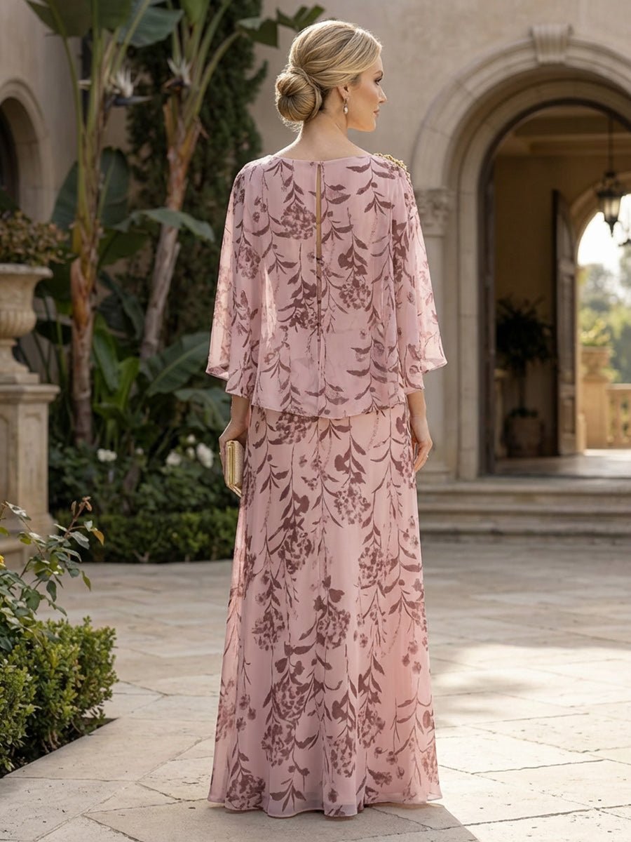 A-Line Chiffon Floral Print 3/4 Cape Sleeves Tiered Mother of the Bride & Groom Dresses with Beaded Waist Embellishment (SHI22500669)