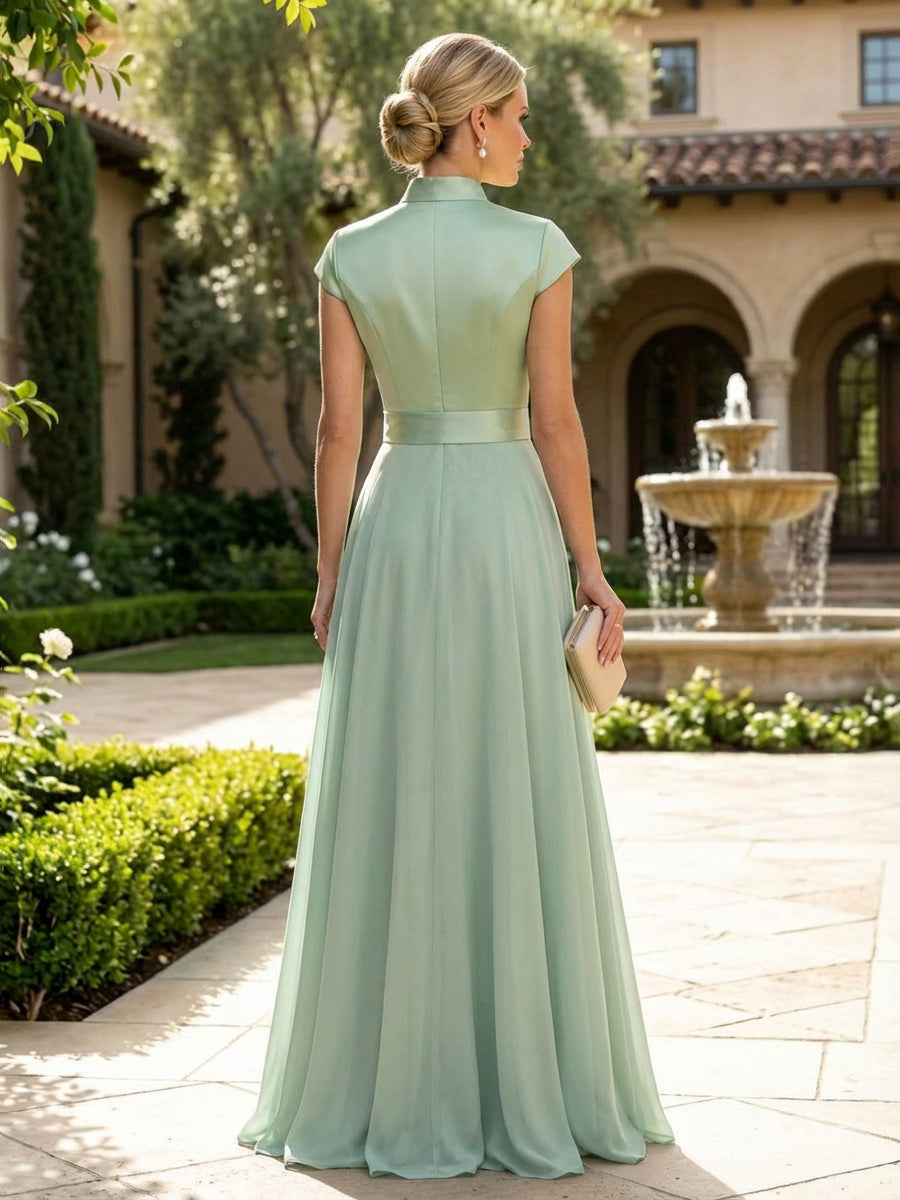 Jumpsuit Scoop Neck Chiffon Maxi Mother of the Bride Pantsuits with 3D Flowers & Bow (SHI22501634)