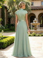 Jumpsuit Scoop Neck Chiffon Maxi Mother of the Bride Pantsuits with 3D Flowers & Bow (SHI22501634)