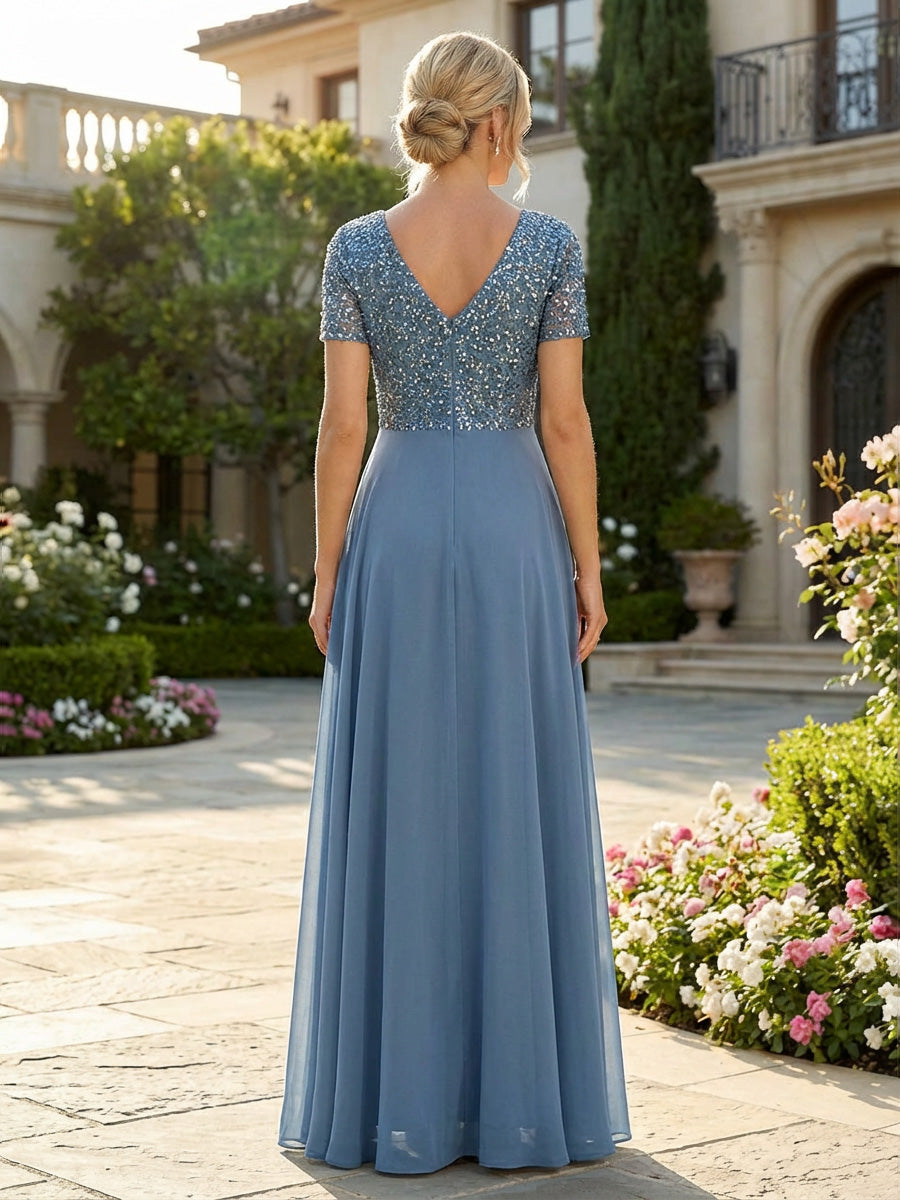 A-Line Chiffon Short Sleeves Mother of the Bride & Groom Dresses with Sequin Bodice (SHI22500685)