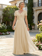A-Line Chiffon Short Sleeves Mother of the Bride & Groom Dresses with Sequin Bodice (SHI22500685)