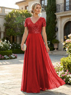 A-Line Chiffon Short Sleeves Mother of the Bride & Groom Dresses with Sequin Bodice (SHI22500685)