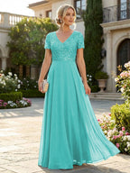 A-Line Chiffon Short Sleeves Mother of the Bride & Groom Dresses with Sequin Bodice (SHI22500685)
