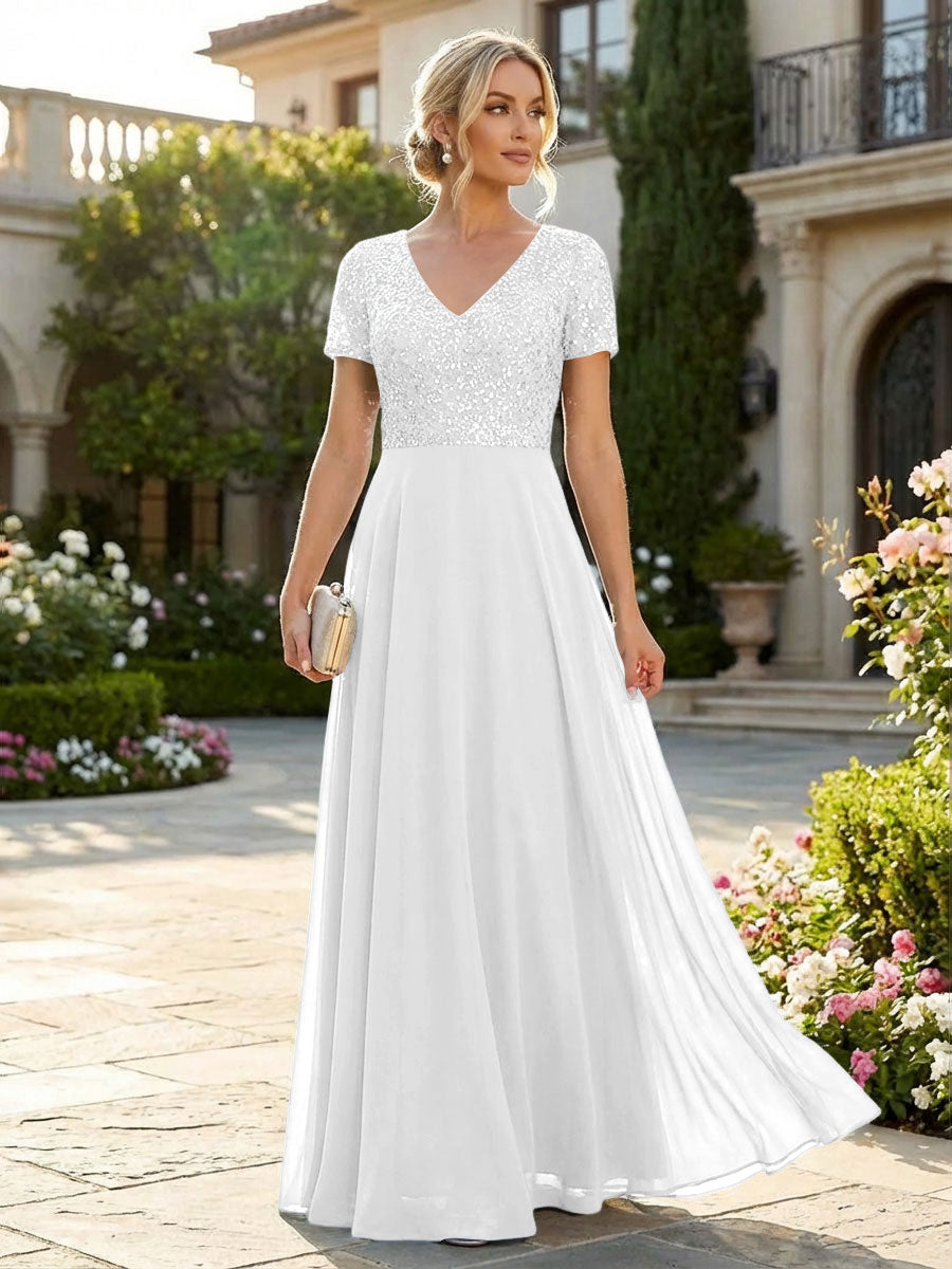 A-Line Chiffon Short Sleeves Mother of the Bride & Groom Dresses with Sequin Bodice (SHI22500685)