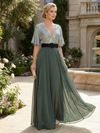 A-Line/Princess Scoop Neck Cap Sleeve Floor-Length Mother of the Bride Dresses with Lace Applique (SHI22500008)